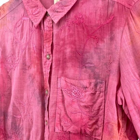 Anthropologie Pilcro Shirt Womens XS Pink Tie Dye Embroidered Floral Button Top - Picture 2 of 12